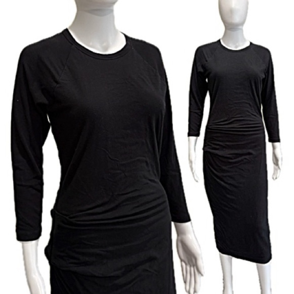 James Perse Black Ruched T-Shirt Midi Dress Womens Size 2 Medium Jersey Crewneck